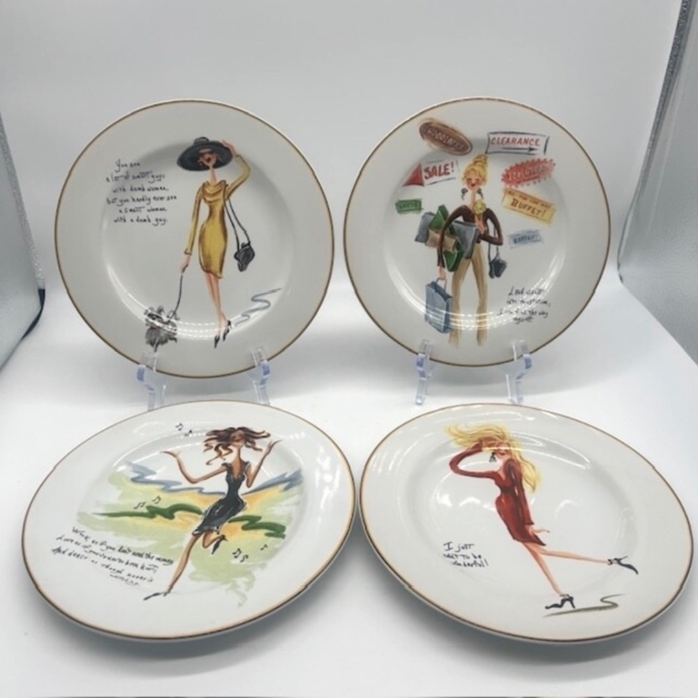 Sakura Glamour Girls Salad/Dessert Plates Set of 4 Whimsey Fashionista Sayings